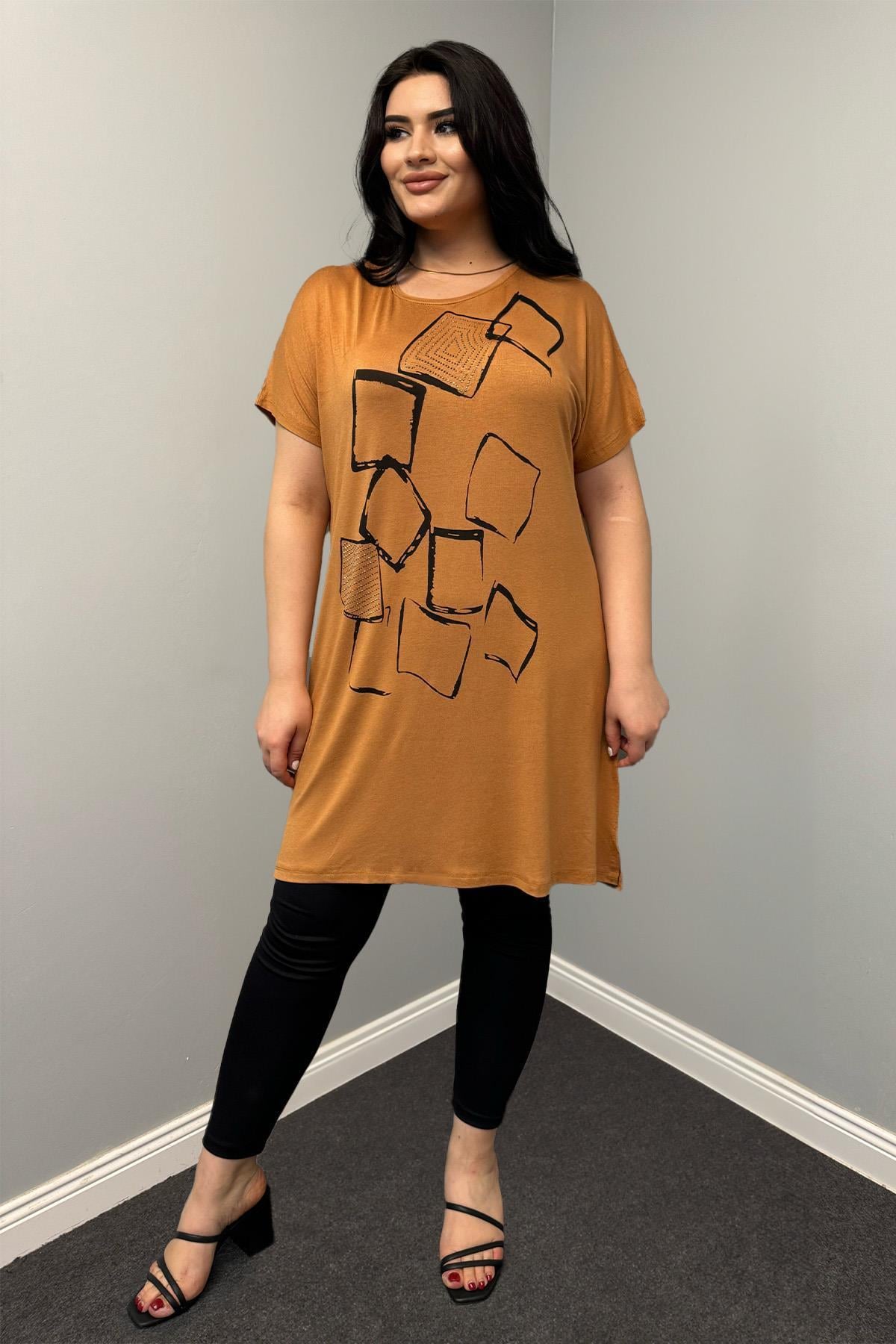 Tshirt Büyük Beden Kare Baskılı Tunik Tshirt
