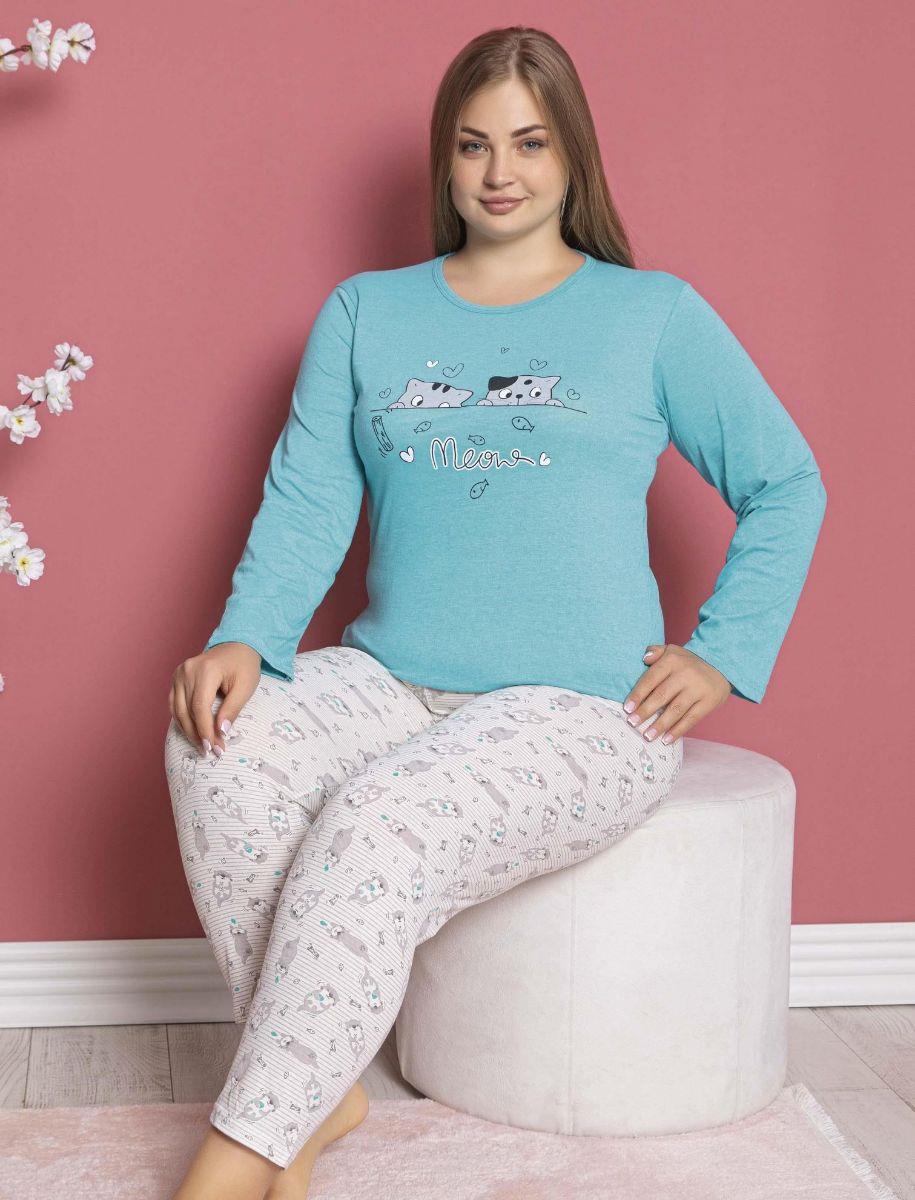 Pijama Takımı Büyük Beden Kedi Baskılı Pamuklu Mavi Pijama Takımı Mavi