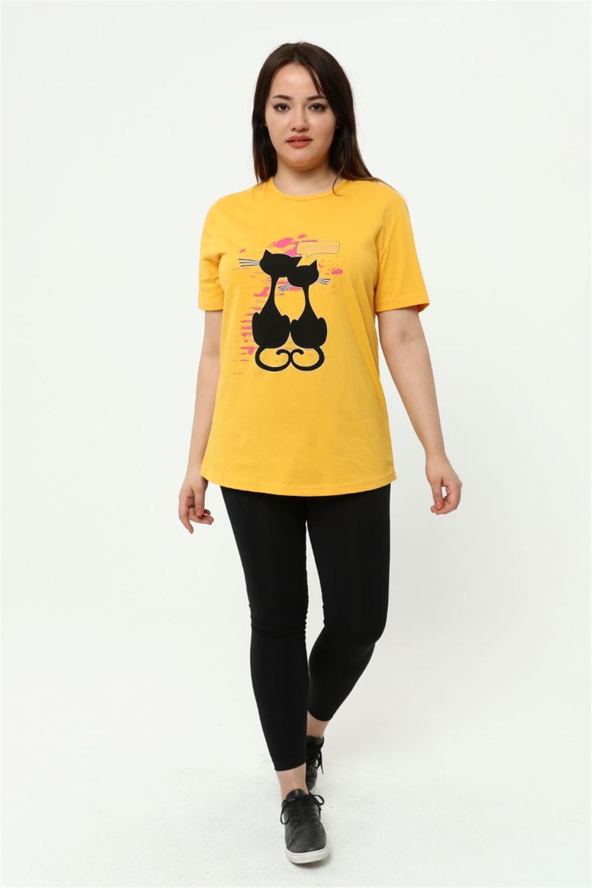 Tshirt Büyük Beden Kedi Baskılı T-Shirt Hardal