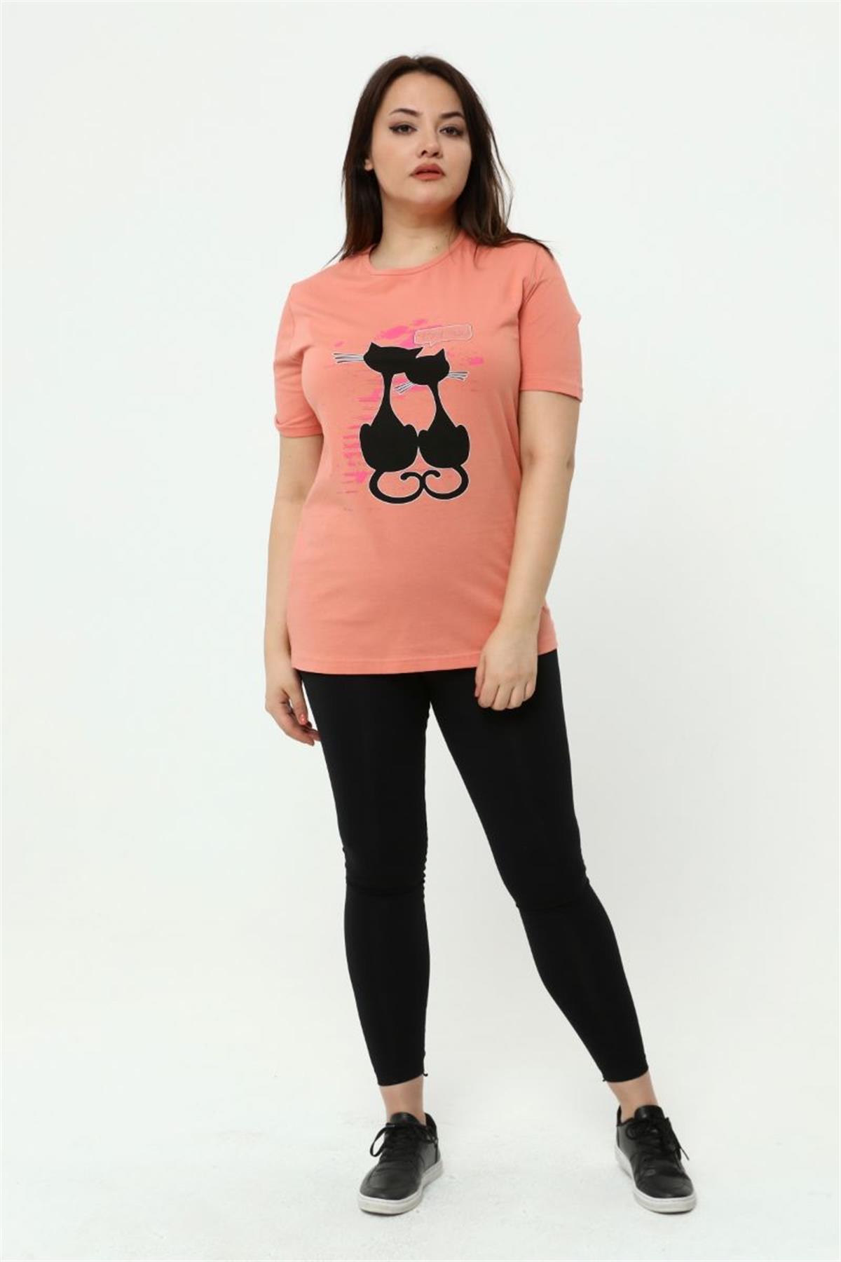 Tshirt Büyük Beden Kedi Baskılı T-Shirt Somon