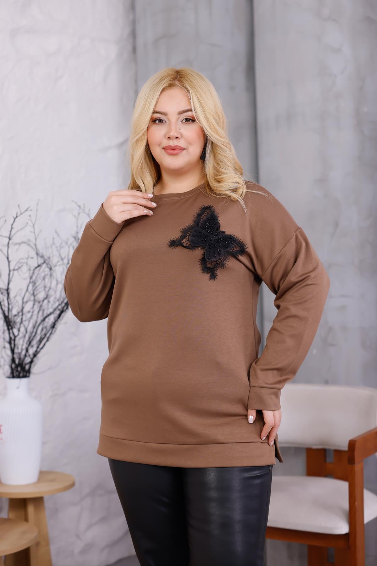 Büyük Beden Kelebek Aksesuarlı Modal Kumaş Sweatshirt