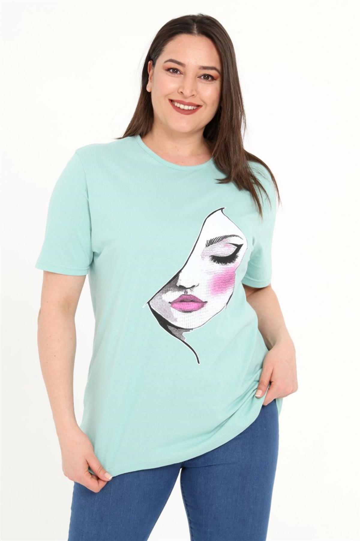 Bluz Büyük Beden Kız Baskılı Bluz Mint Yeşili