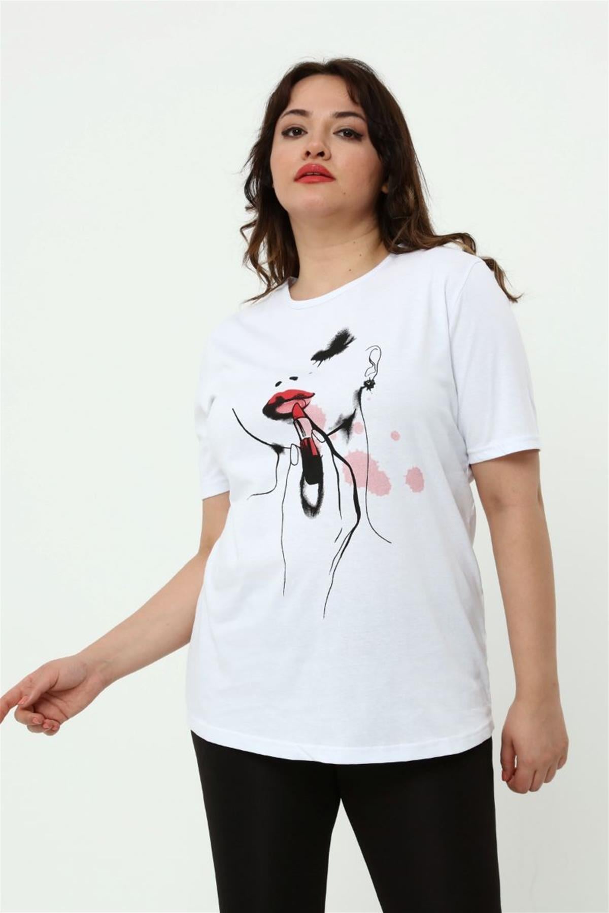 Tshirt Büyük Beden Kız Baskılı T-Shirt Beyaz