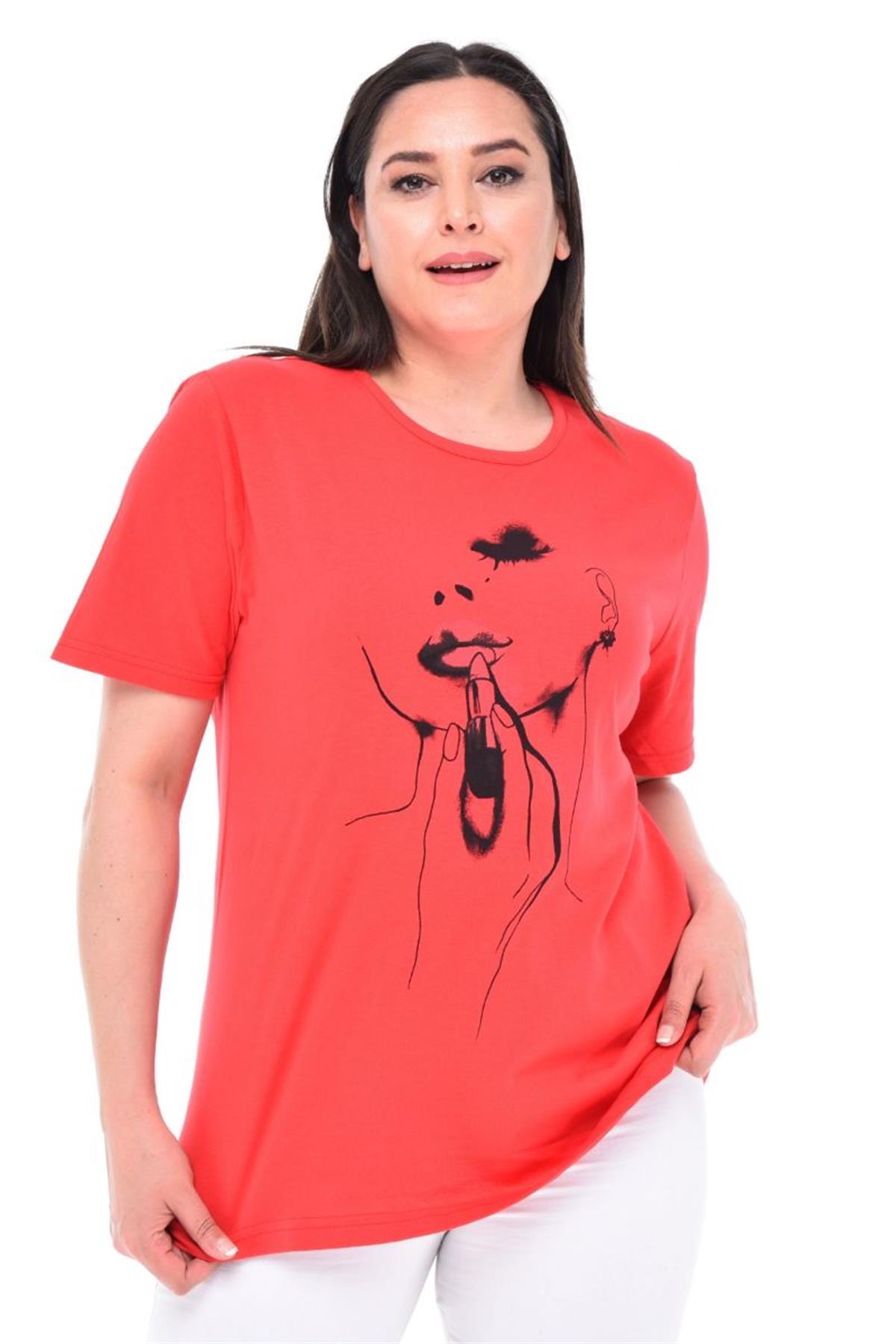 Tshirt Büyük Beden Kız Baskılı T-Shirt Kırmızı