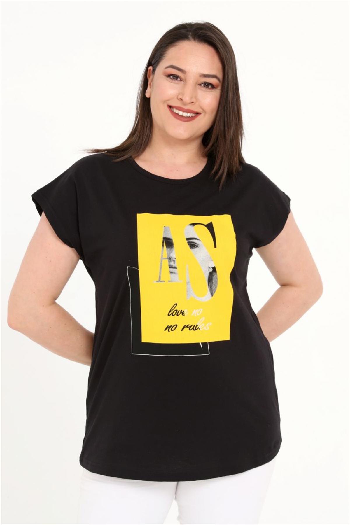 Tshirt Büyük Beden Kız Baskılı Yarasa Kol T-Shirt Siyah