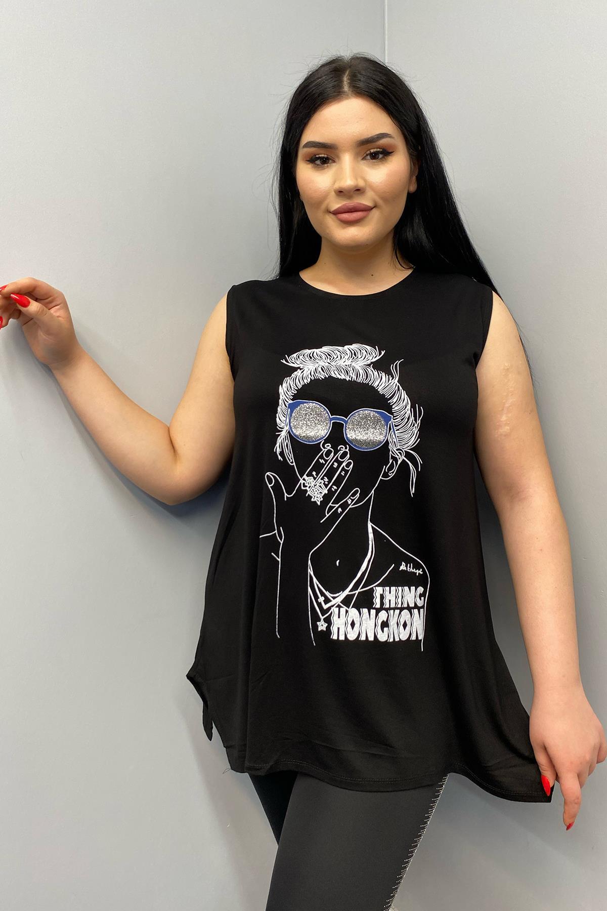 Tshirt Büyük Beden Kız Figürlü Kolsuz T-Shirt Siyah