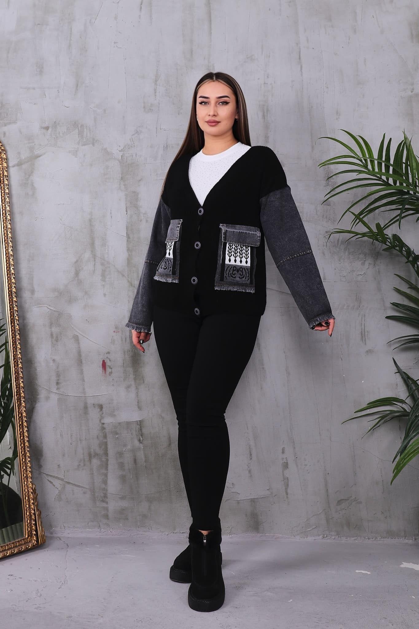 Büyük Beden Kolları Jean Detaylı Hırka