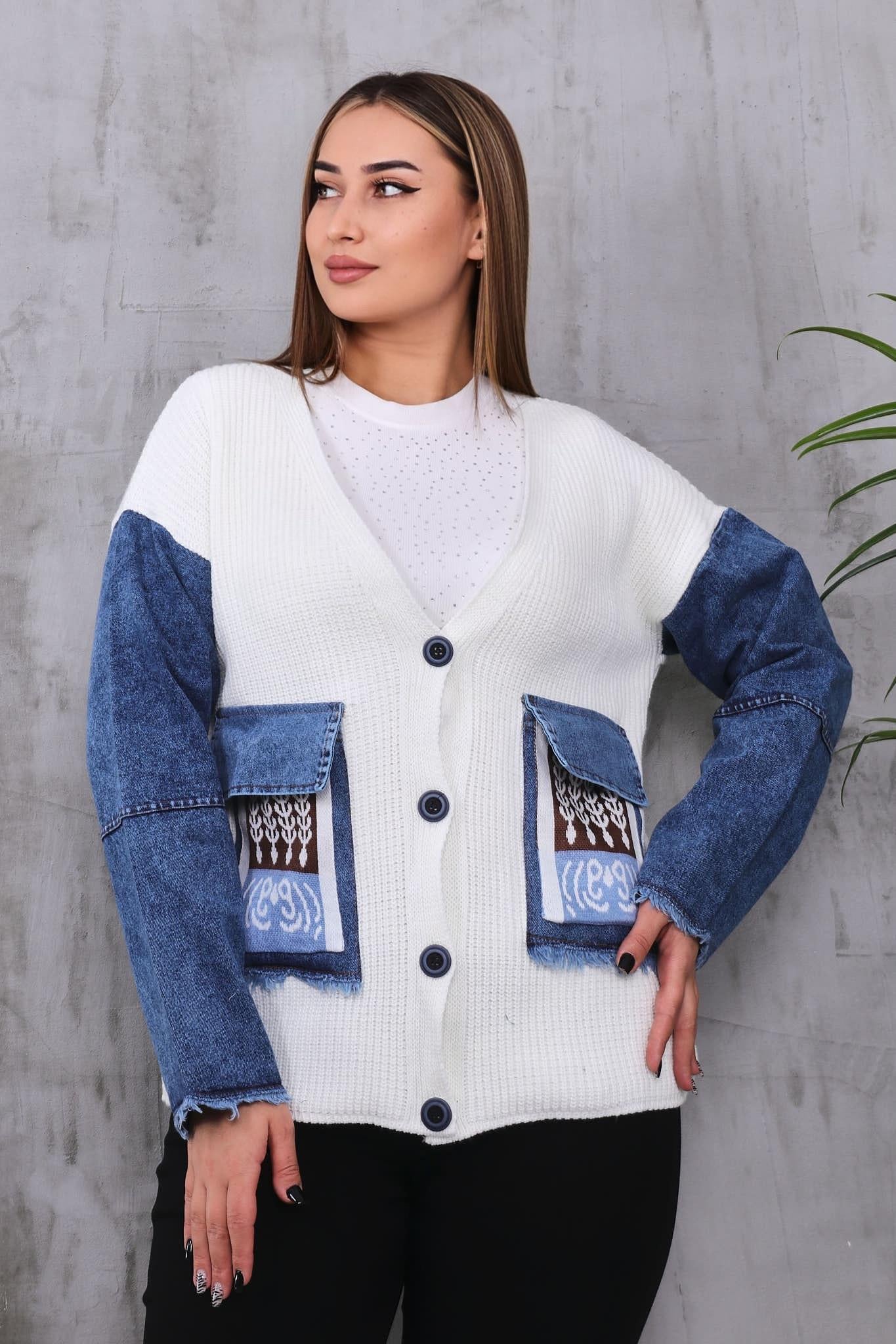 Büyük Beden Kolları Jean Detaylı Hırka