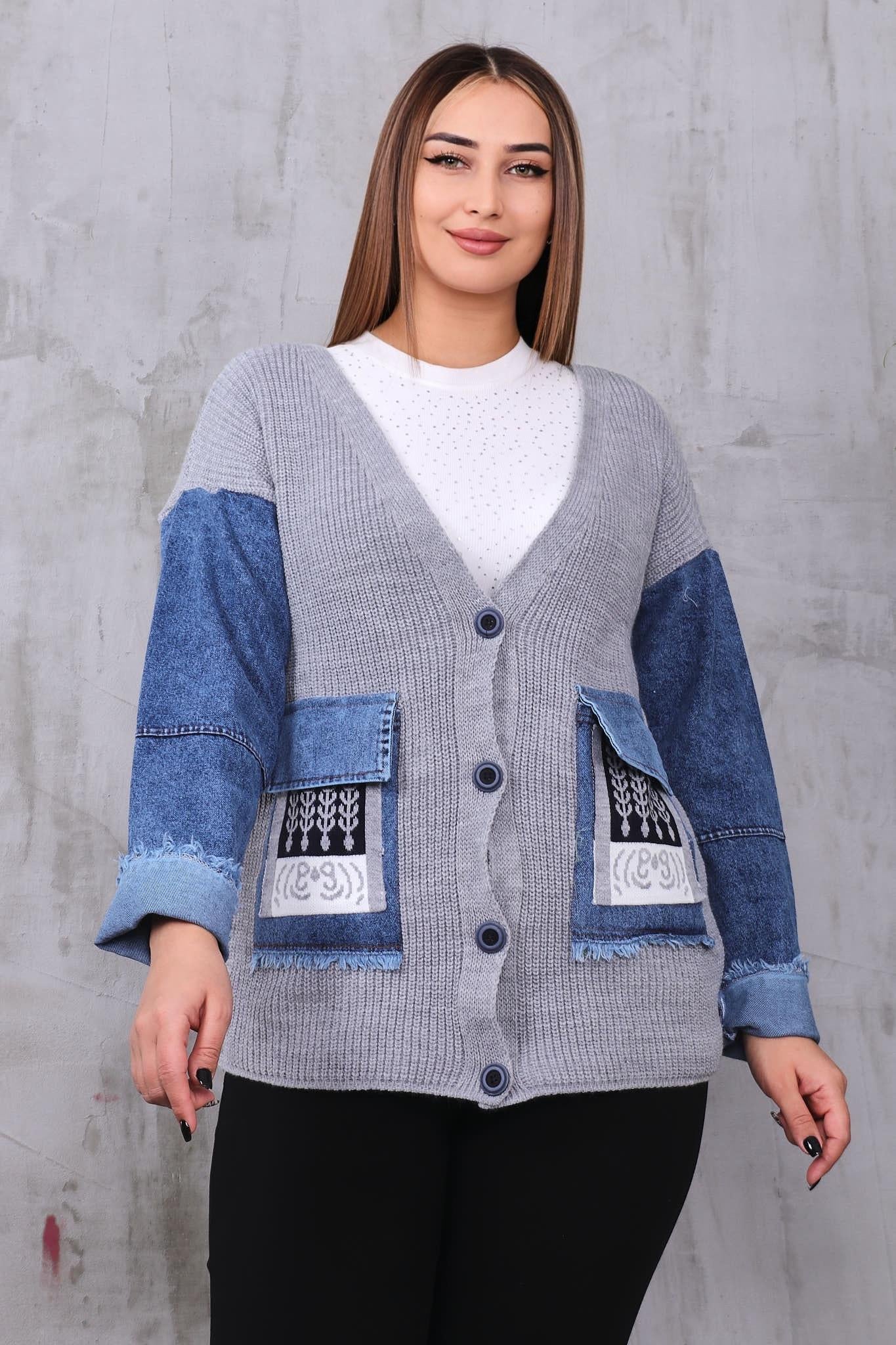 Büyük Beden Kolları Jean Detaylı Hırka