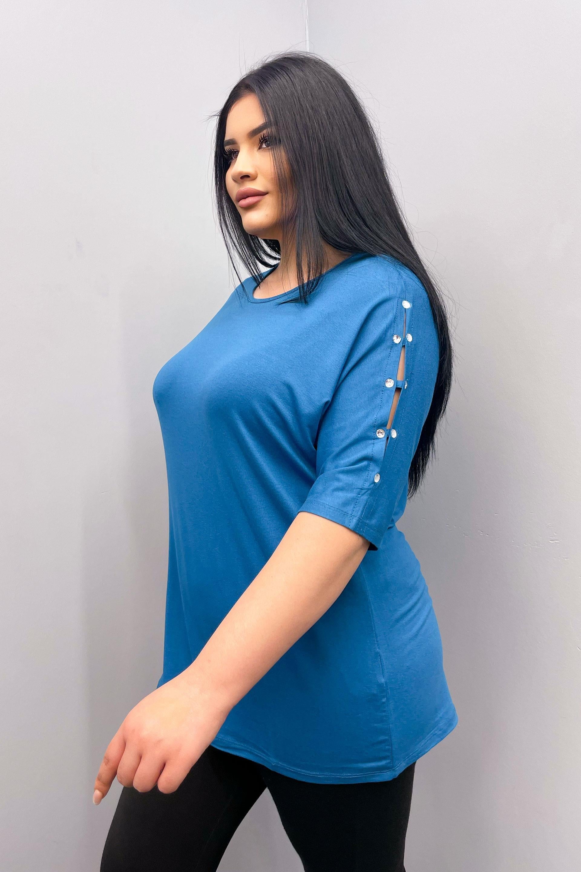 Uzun Kol Bluz Büyük Beden Kolları Taşlı Japone Kol Bluz Mavi