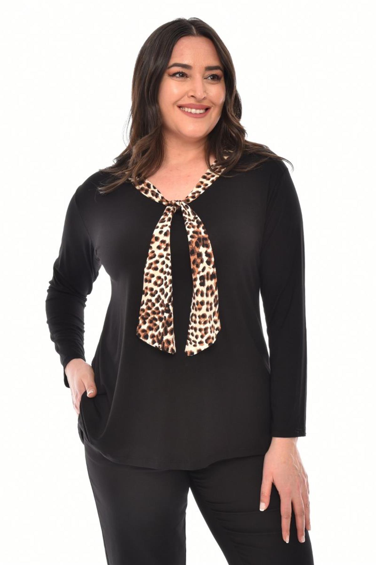 Bluz Büyük Beden Kravatlı Bluz Leopar
