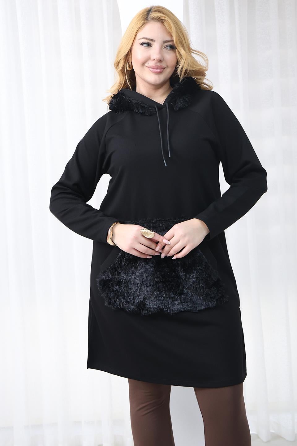 Büyük Beden Kürk Detaylı Tunik Sweatshirt