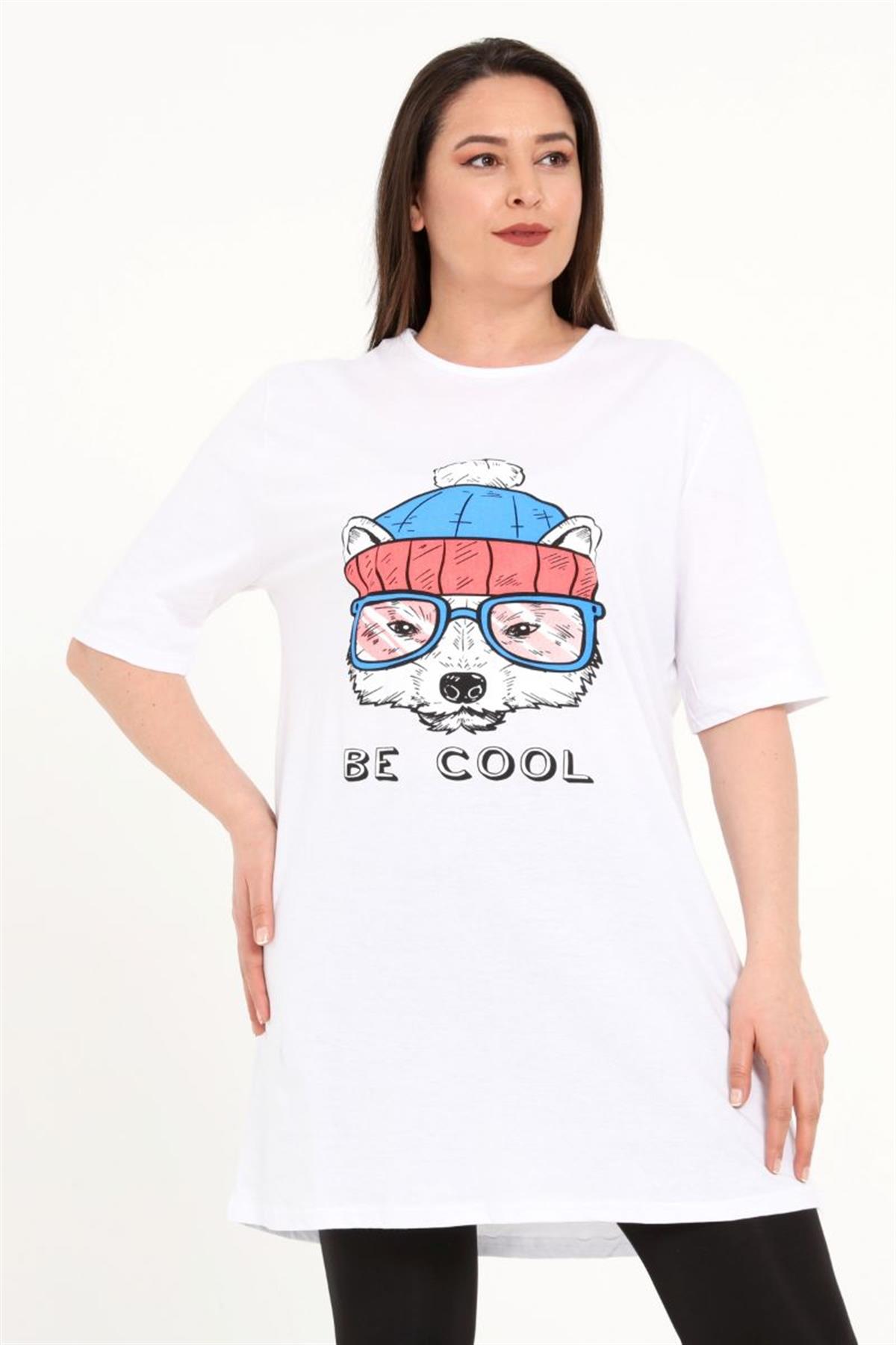 Tshirt Büyük Beden Kurt Baskılı Tunik T-Shirt Beyaz