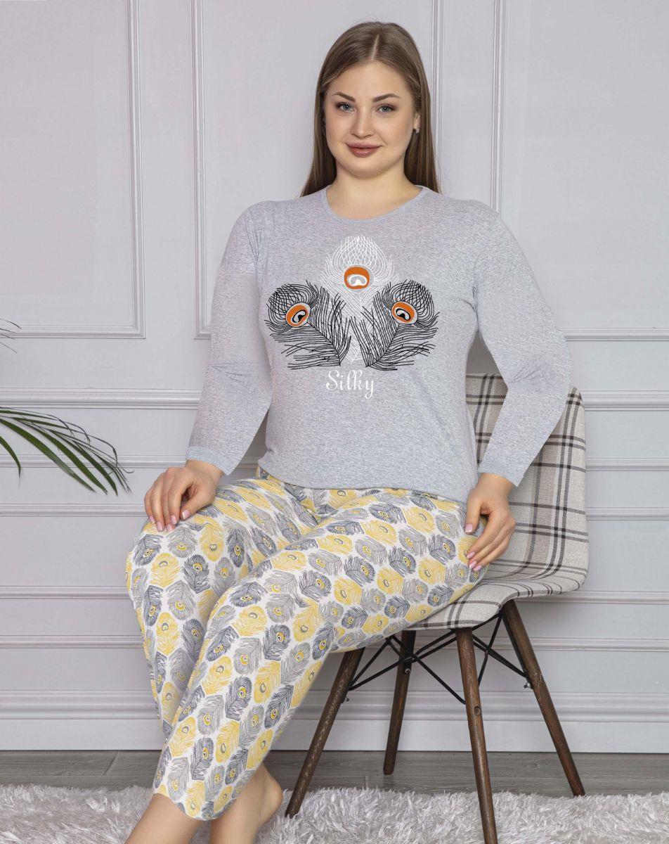 Pijama Takımı Büyük Beden Kuş Tüyü Baskılı Pamuklu Pijama Takımı Gri