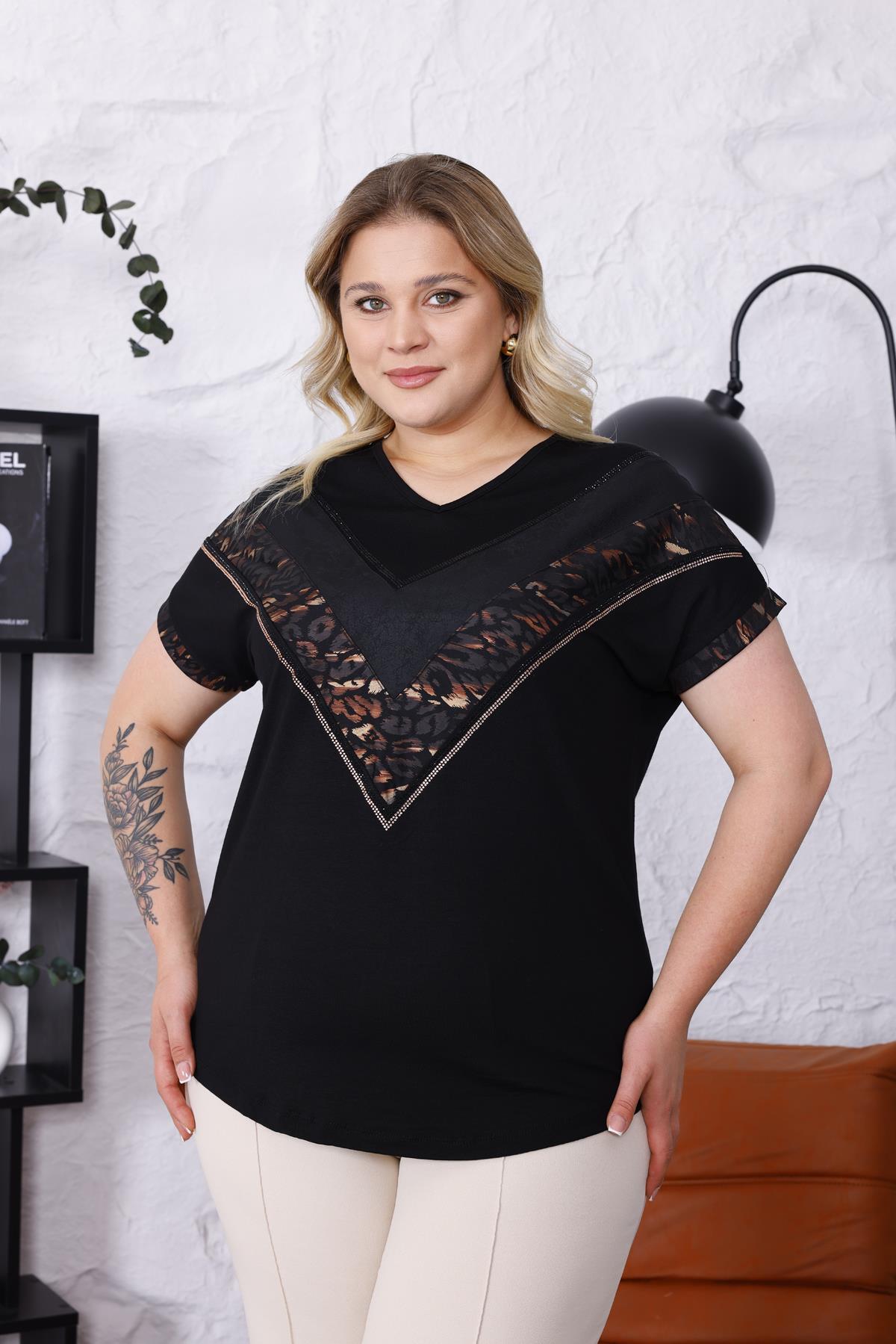 Büyük Beden Leopar Işıltılı Taş Oversize Bluz