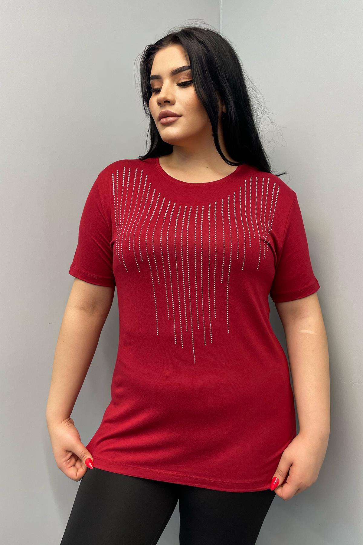 Bluz Büyük Beden Likralı Yakası Taş Baskılı Bluz Bordo