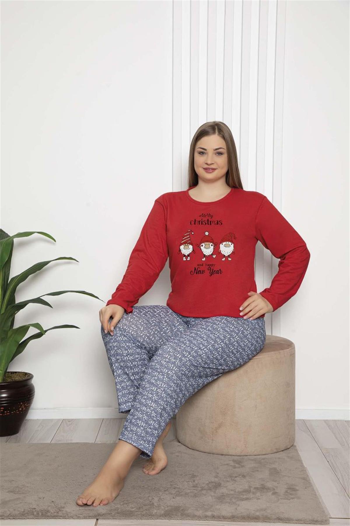 Pijama Takımı Büyük Beden Noel Baskılı Yılbaşı Konsepti Şardonlu Pijama Takımı Kırmızı