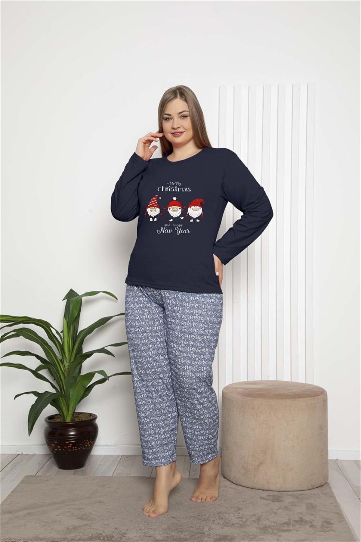 Pijama Takımı Büyük Beden Noel Baskılı Yılbaşı Konsepti Şardonlu Pijama Takımı Lacivert