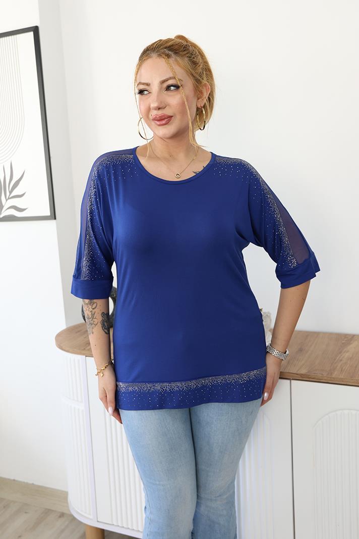 Büyük Beden Omuzları Tül Taşlı Oversize Bluz