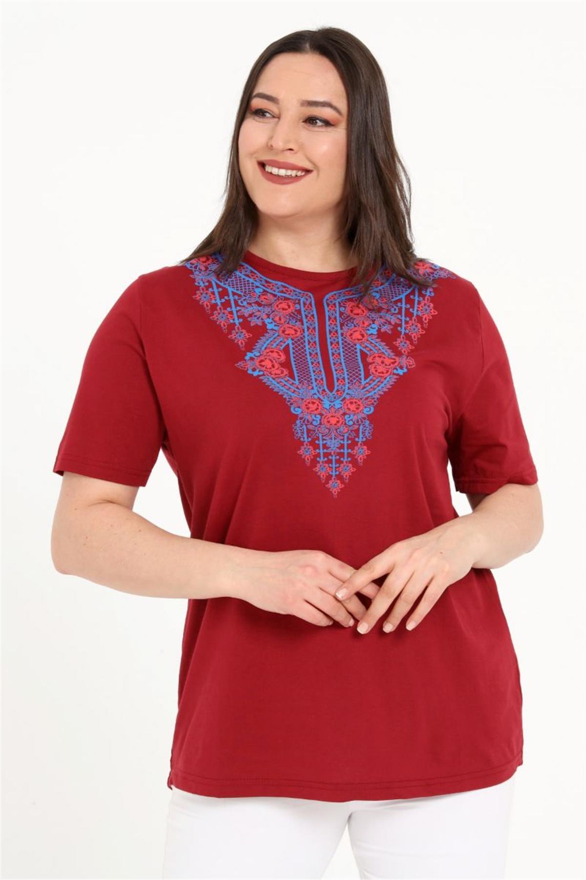 Bluz Büyük Beden Önü Baskılı Bluz Bordo