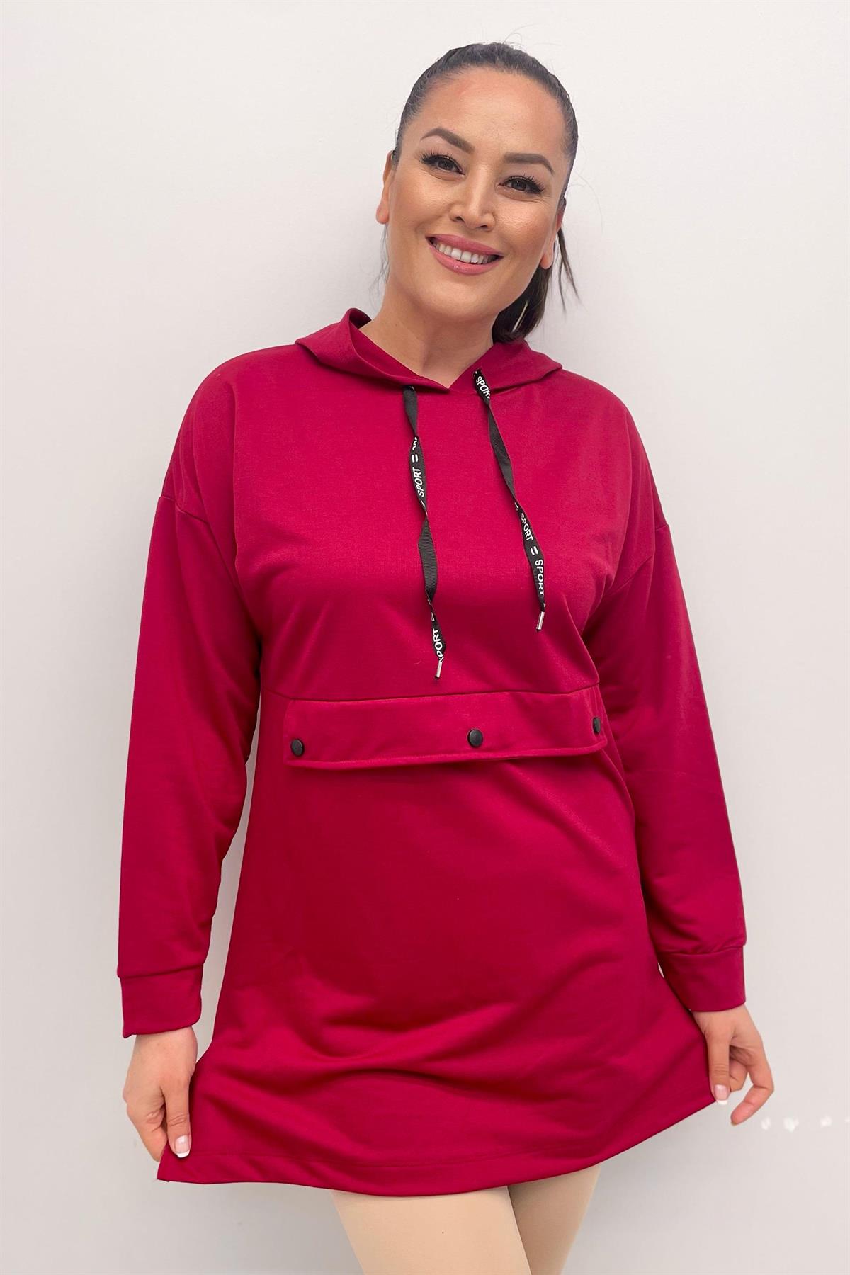 Sweatshirt Büyük Beden Önü Çıtçıt Detaylı Kapüşonlu Sweatshirt Bordo