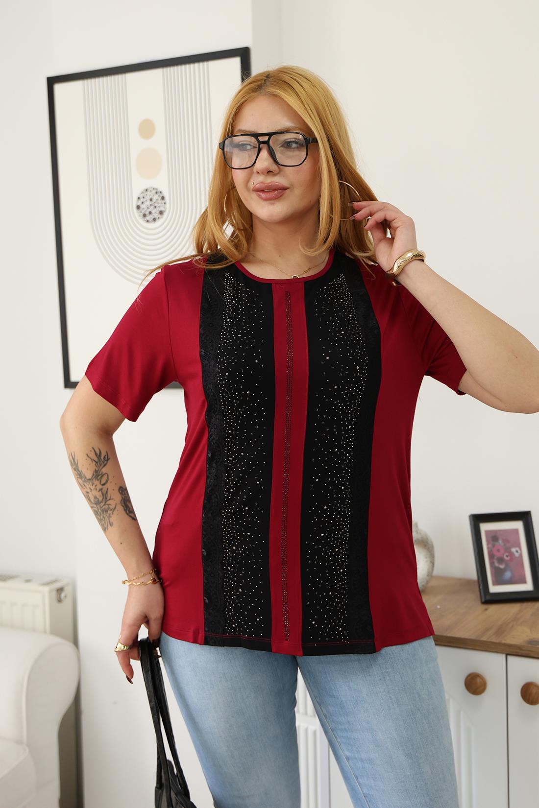 Büyük Beden Önü Dantel Parlak Taşlı Bordo Bluz