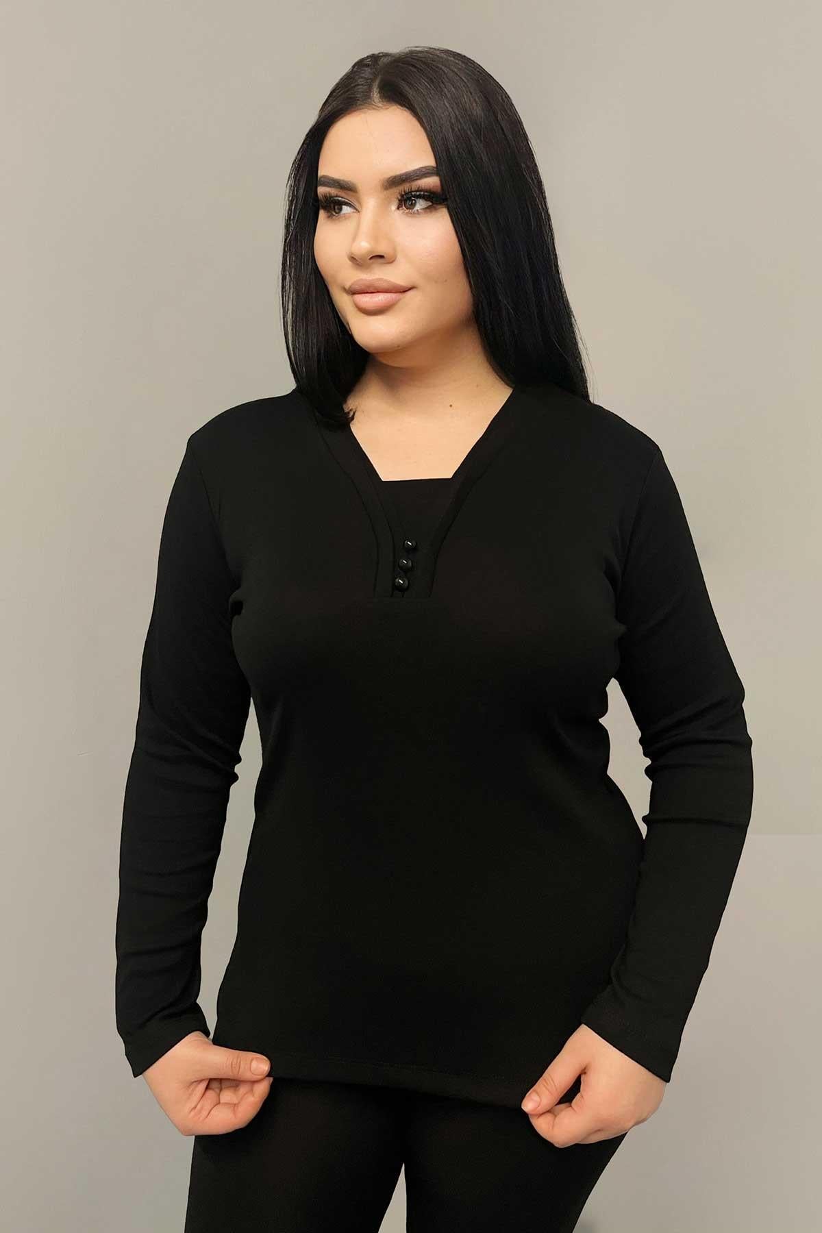 Uzun Kol Bluz Büyük Beden Önü Düğme Detaylı Anne Bluzu