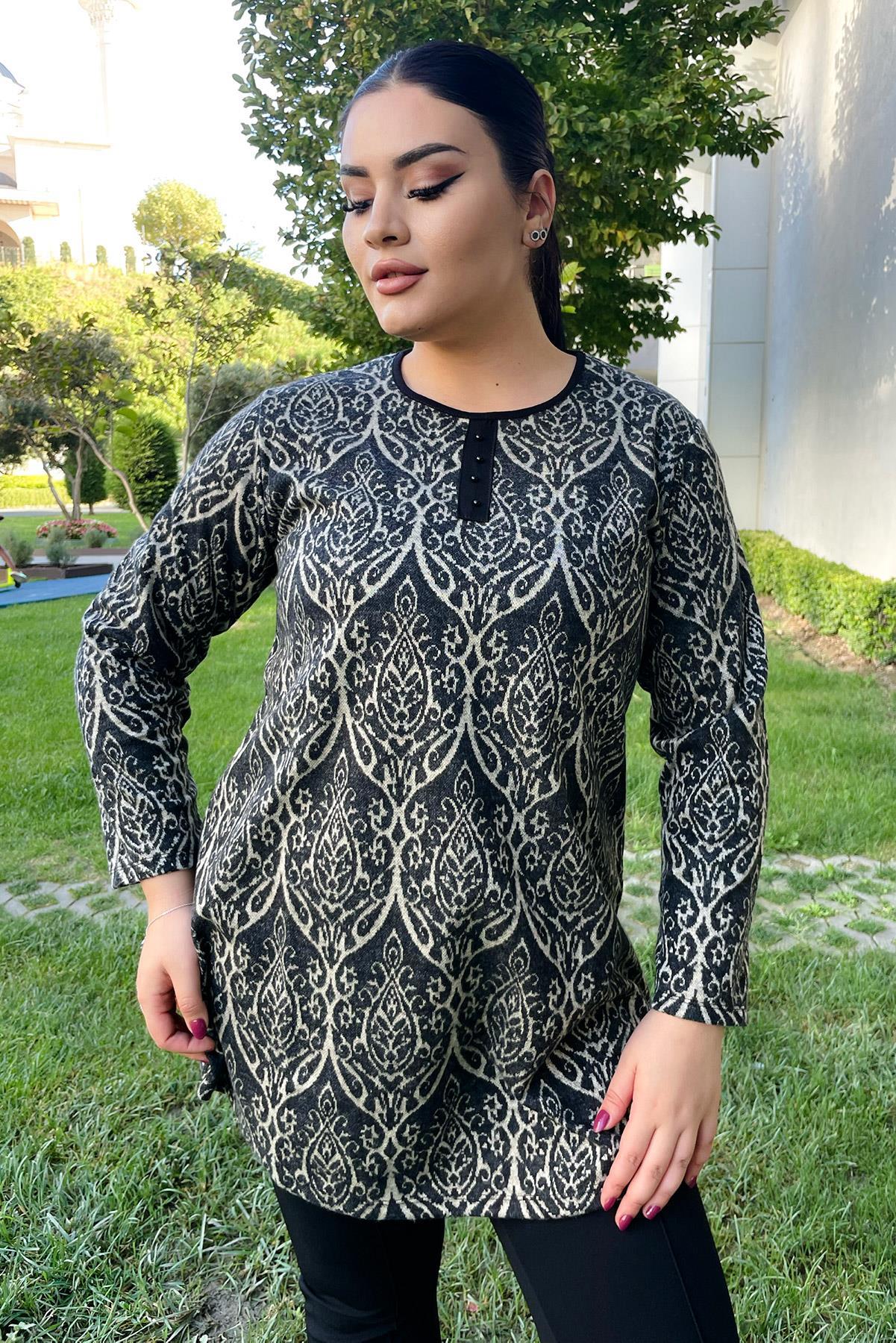 Uzun Kol Bluz Büyük Beden Önü Düğme Detaylı Kilim Desen Tunik Boy Bluz Siyah