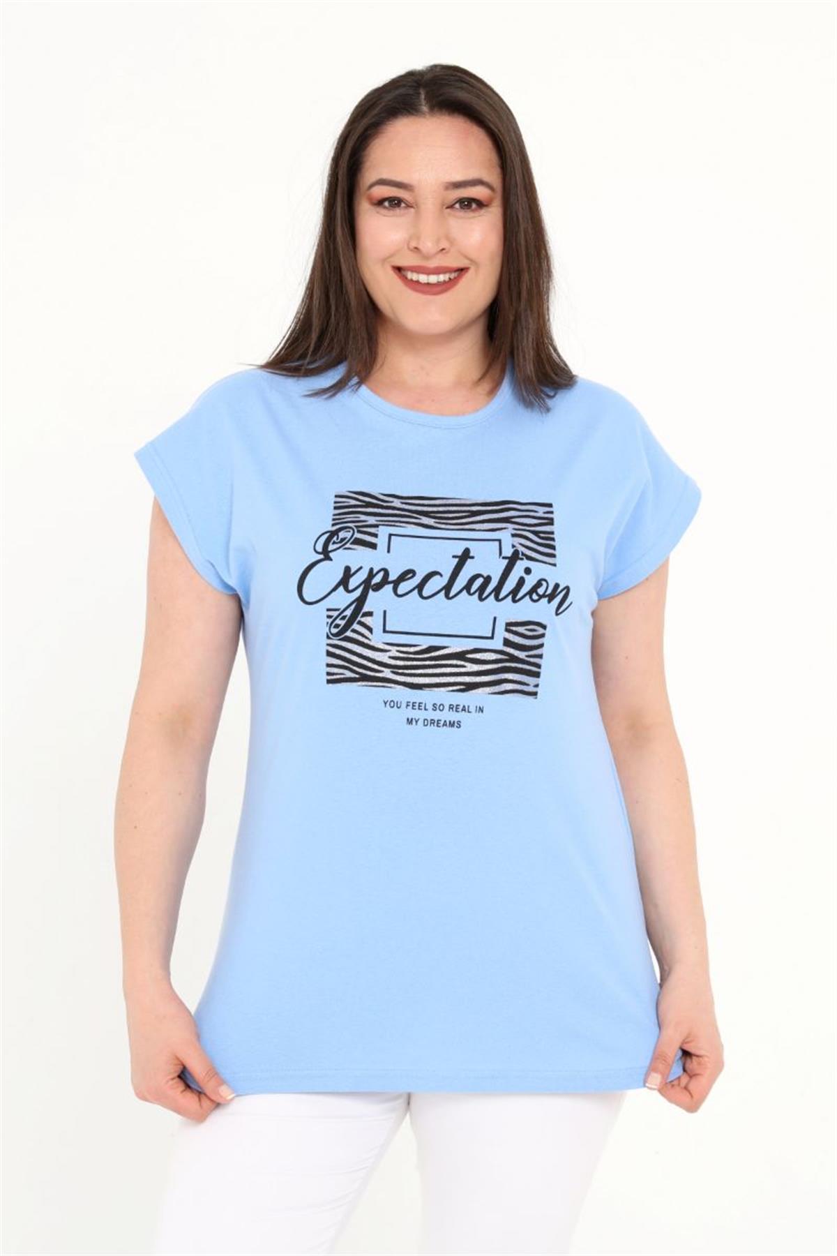 Tshirt Büyük Beden Önü Simli Yarasa Kol T-Shirt Mavi