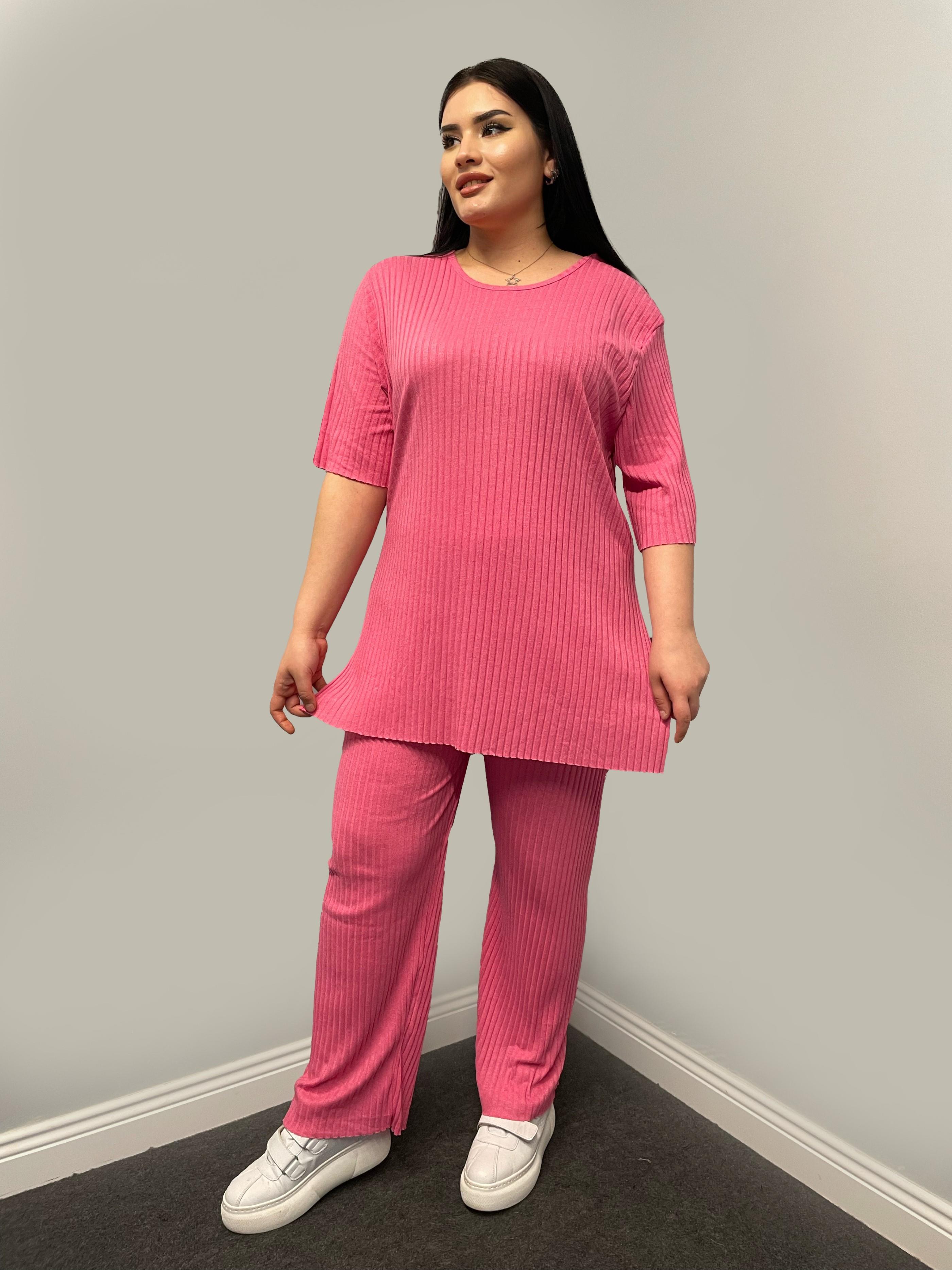 İkili Takım Büyük Beden Oversize Likralı Pamuklu Yazlık İkili Takım Şeker Pembe