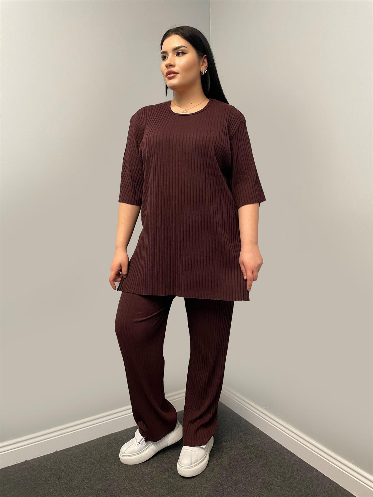 İkili Takım Büyük Beden Oversize Likralı Pamuklu Yazlık İkili Takım Mürdüm