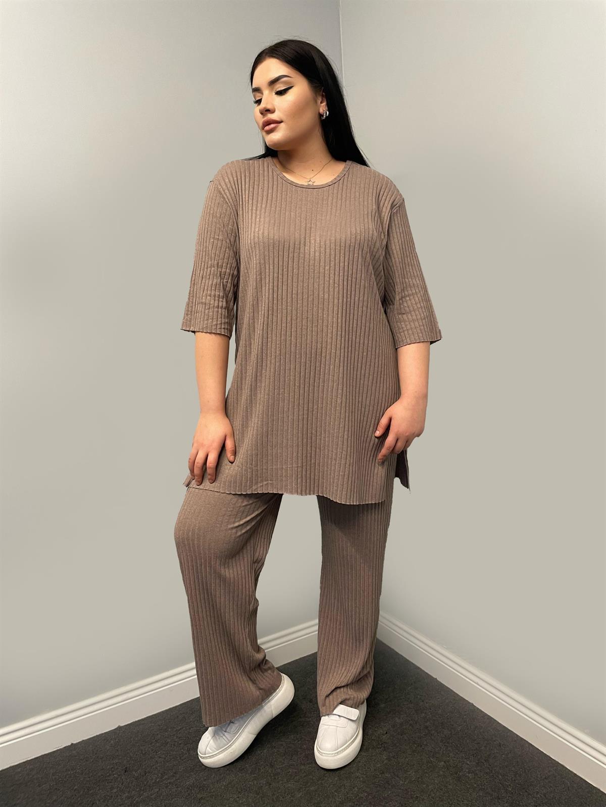 İkili Takım Büyük Beden Oversize Likralı Pamuklu Yazlık İkili Takım Sütlü Kahve