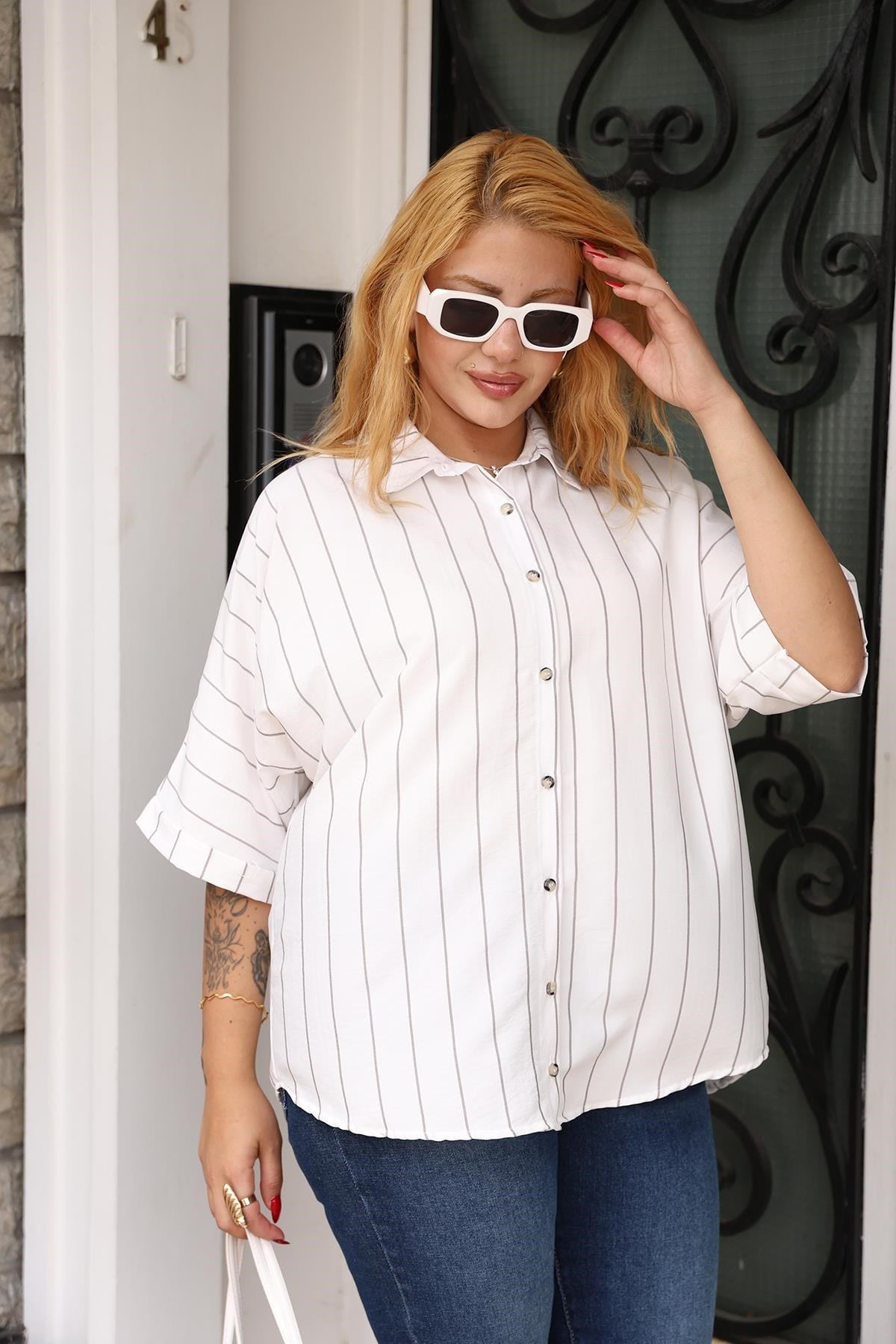 Gömlek Büyük Beden Oversize Tencel Çizgili Gömlek