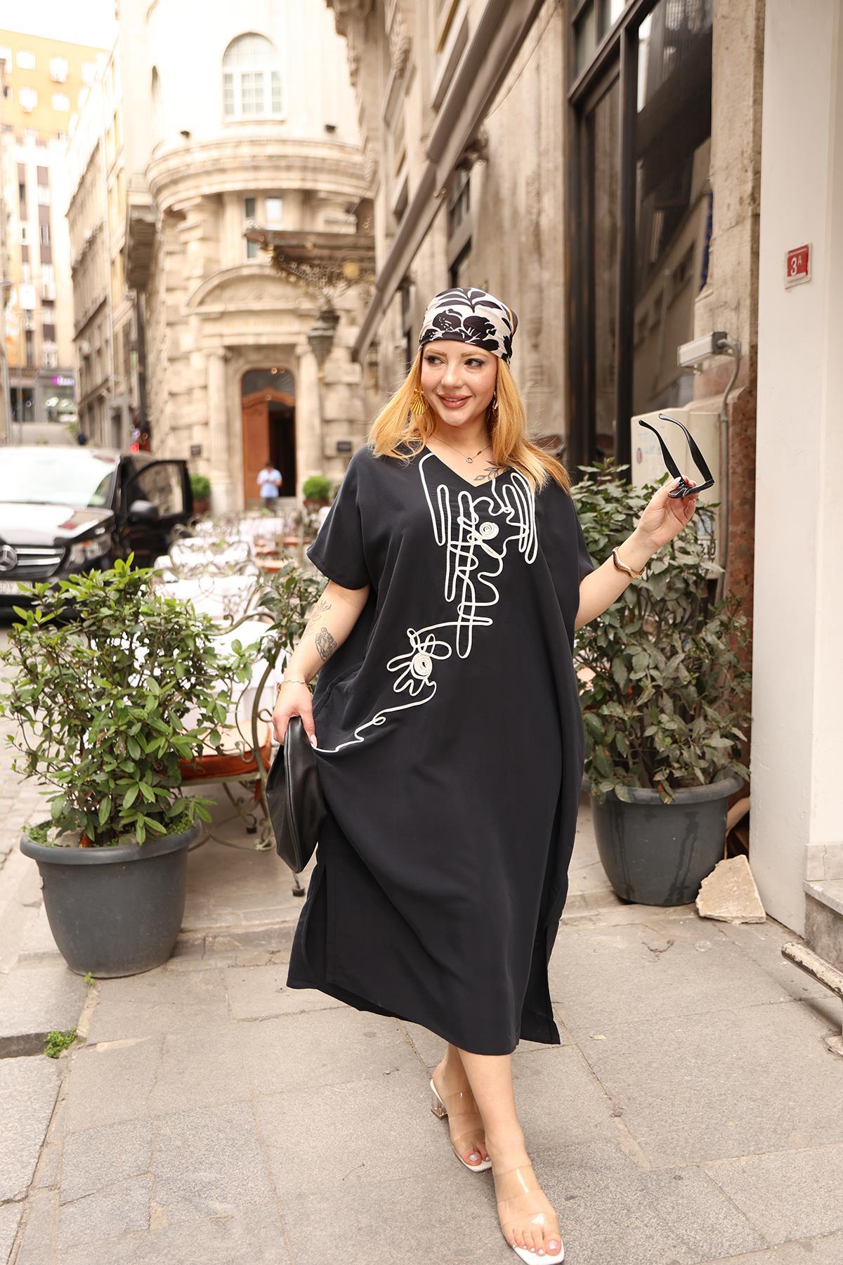 Elbise Büyük Beden Oversize Tencel Modal Siyah Elbise