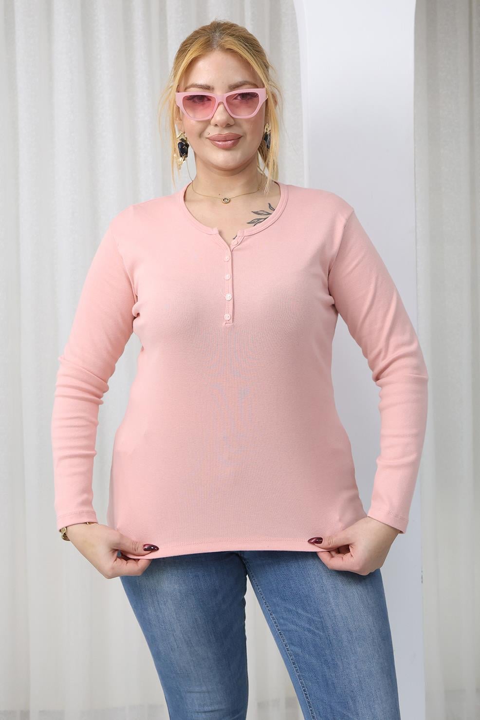 Büyük Beden Pamuklu Likralı Basıc Bluz