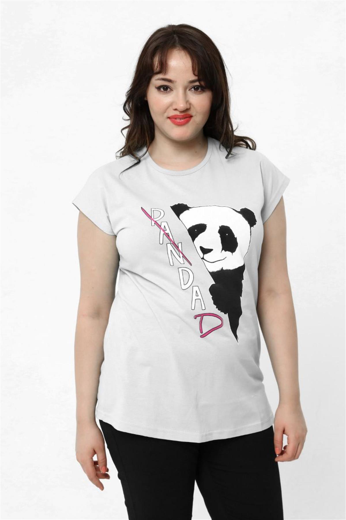 Tshirt Büyük Beden Panda Baskılı Yarasa Kol T-Shirt Beyaz
