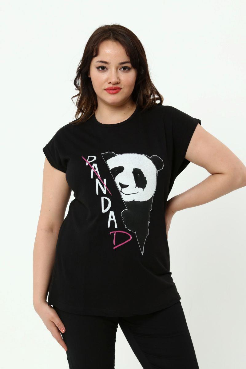 Tshirt Büyük Beden Panda Baskılı Yarasa Kol T-Shirt Siyah