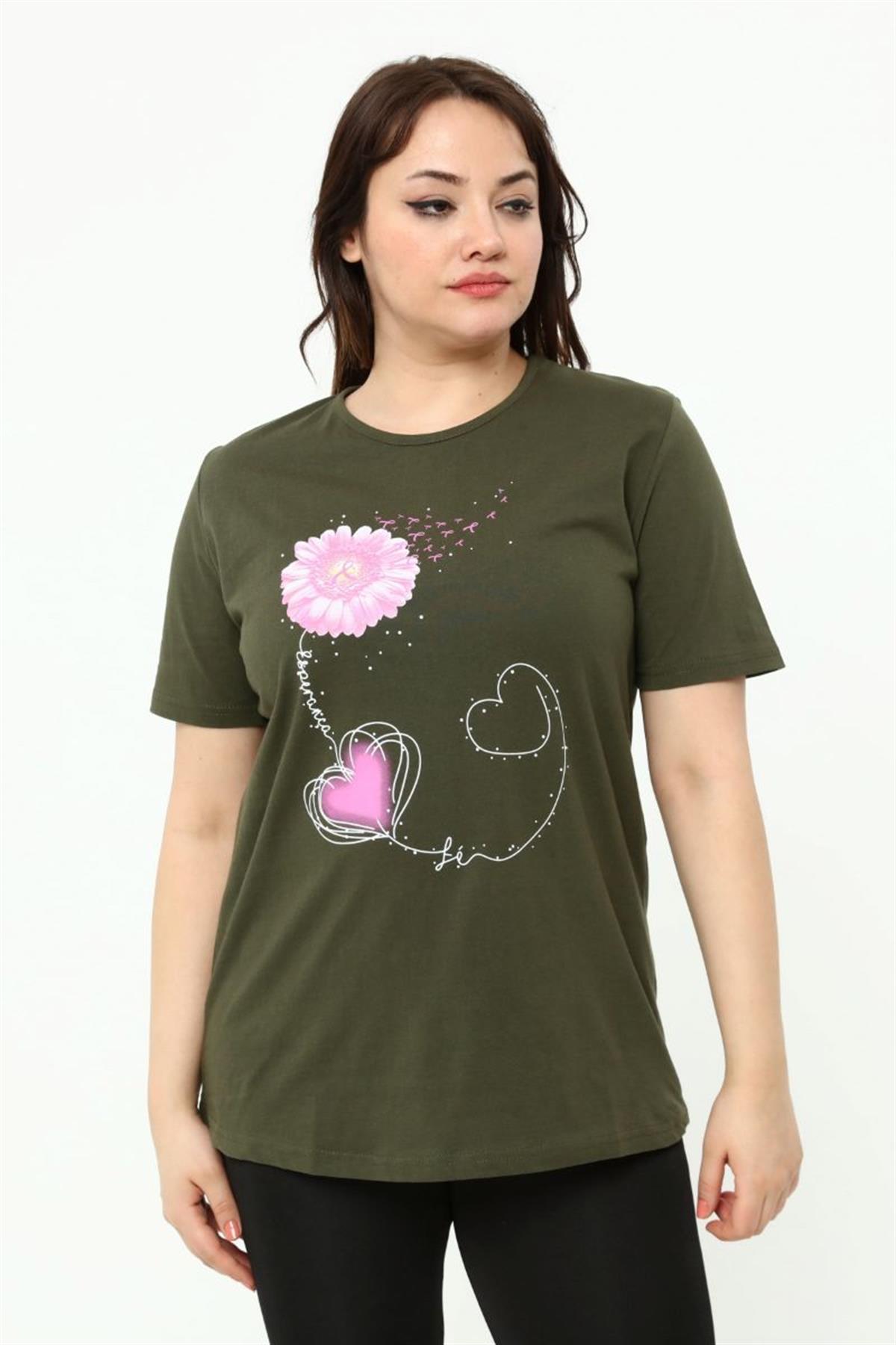 Tshirt Büyük Beden Papatya Baskılı T-Shirt Haki