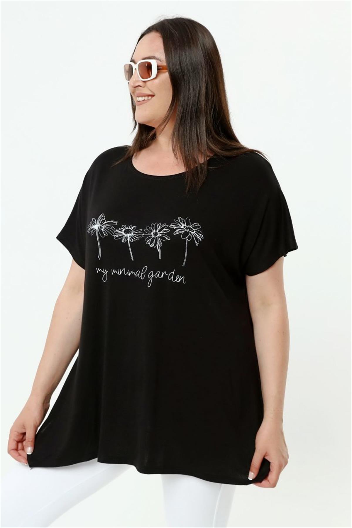 Tshirt Büyük Beden Papatya Baskılı T-Shirt Siyah
