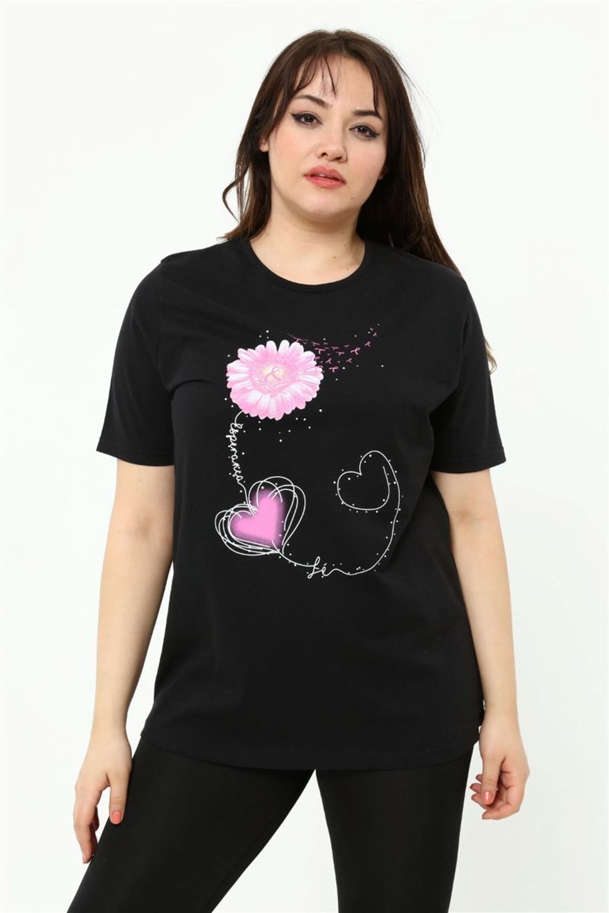 Tshirt Büyük Beden Papatya Baskılı T-Shirt Siyah