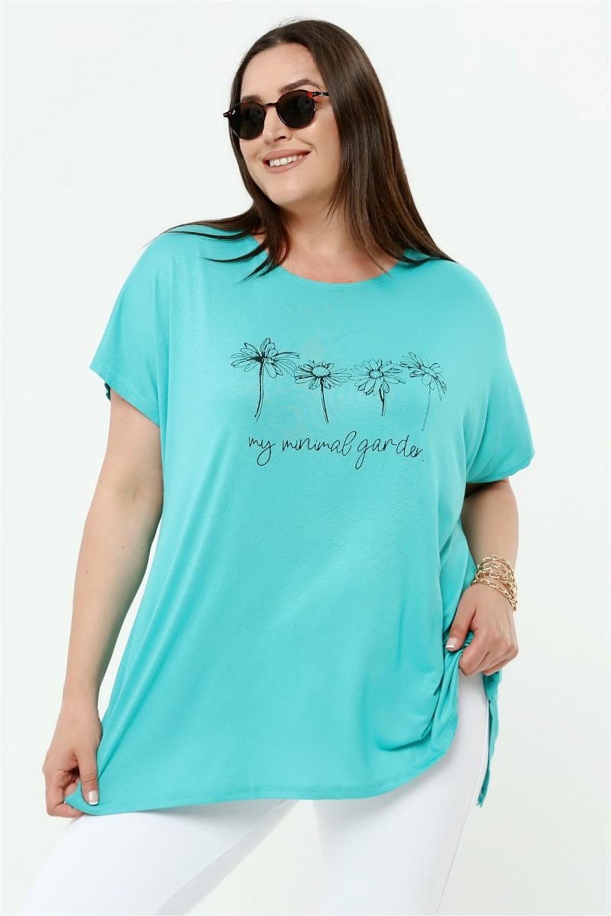 Tshirt Büyük Beden Papatya Baskılı T-Shirt Turkuaz