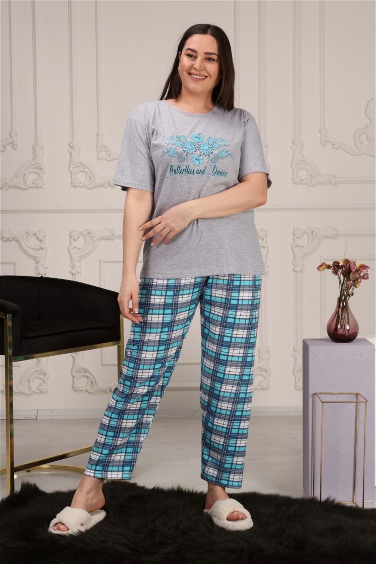 Pijama Takımı Büyük Beden Papatya Desenli Pijama Takımı Gri