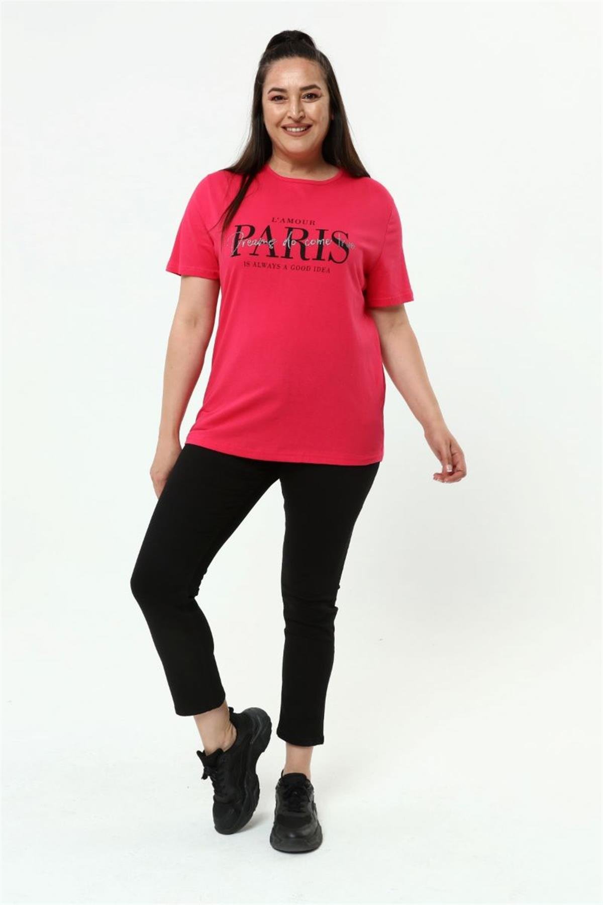 Tshirt Büyük Beden Paris Baskılı Bisiklet Yaka T-Shirt Fuşya
