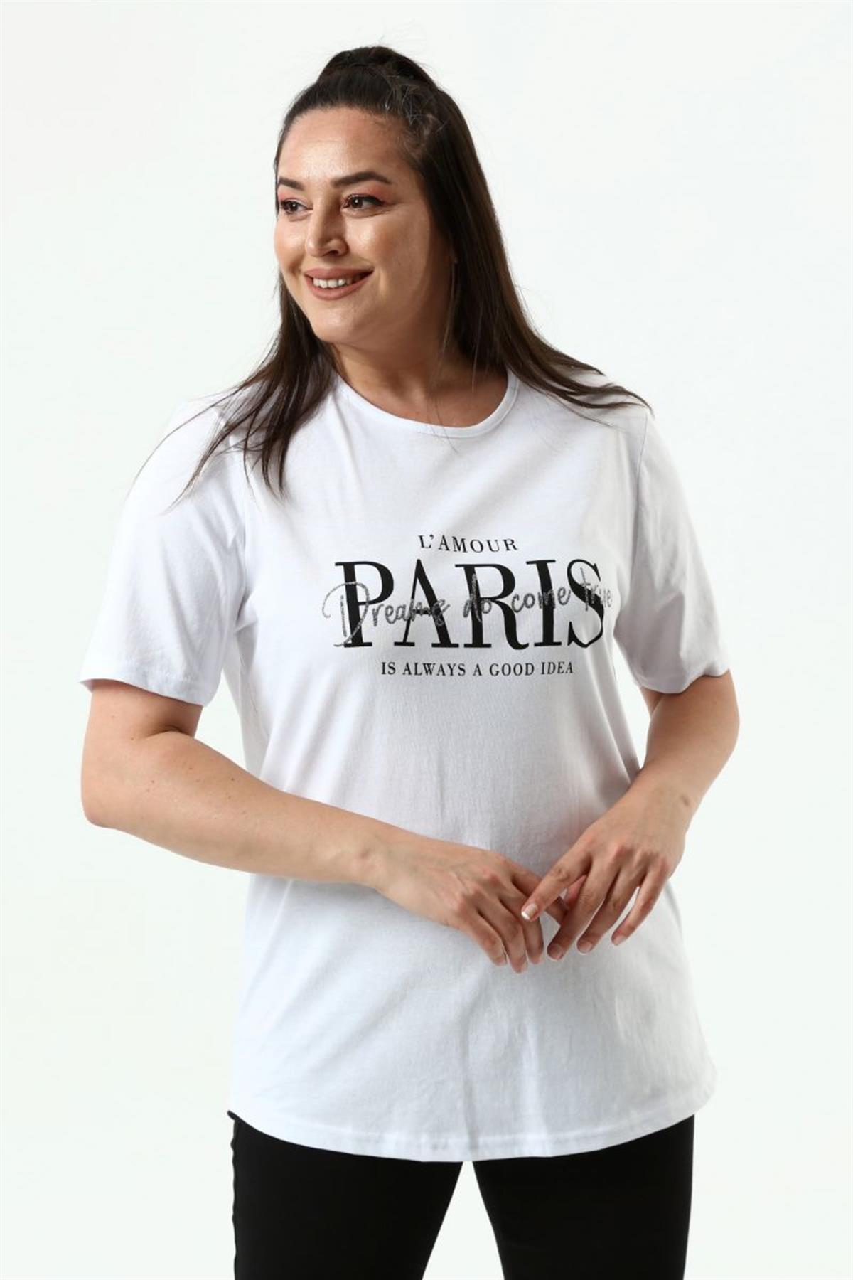 Tshirt Büyük Beden Paris Baskılı Bisiklet Yaka T-Shirt Beyaz