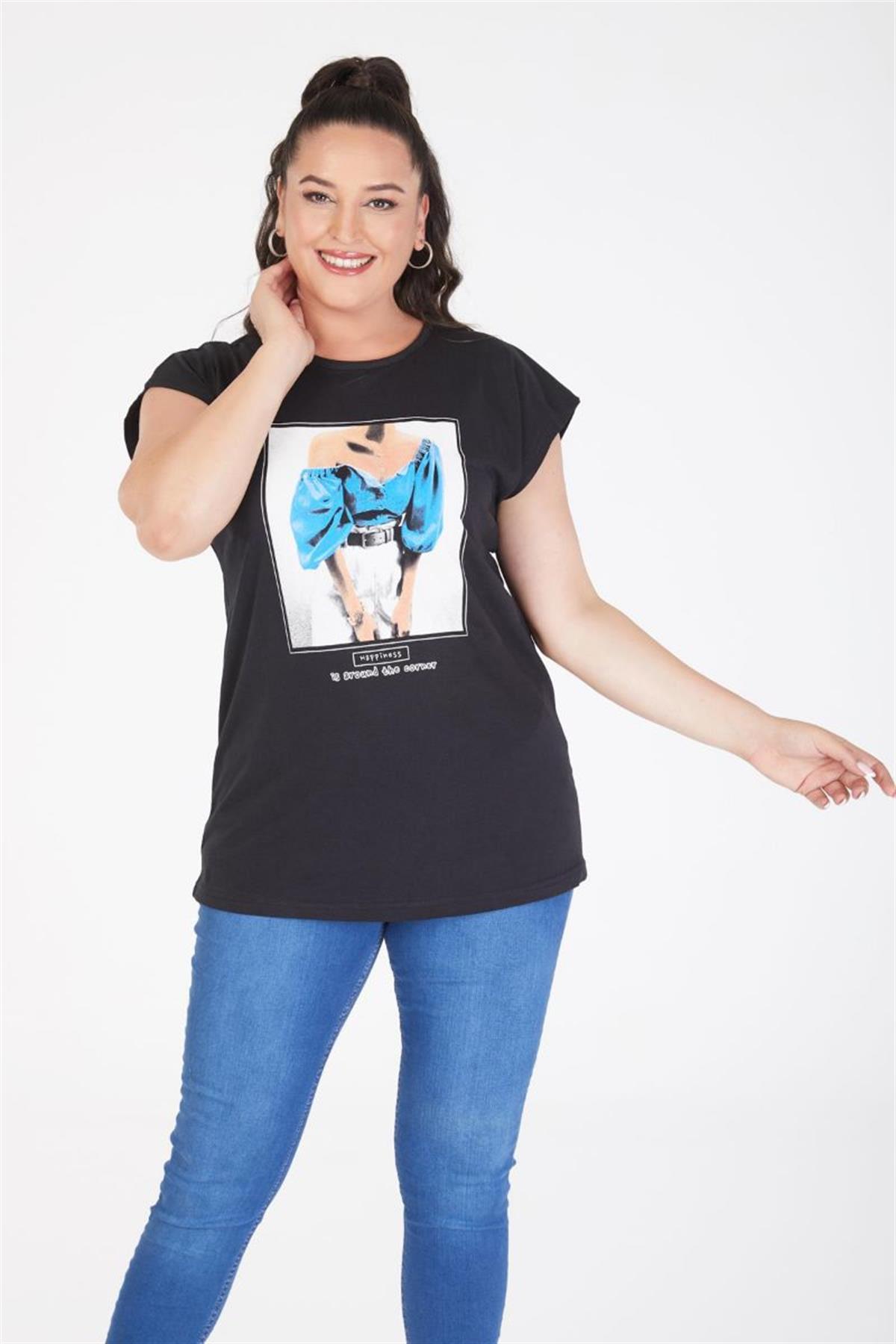 Tshirt Büyük Beden Resim Baskılı Yarasa Kol T-Shirt Siyah