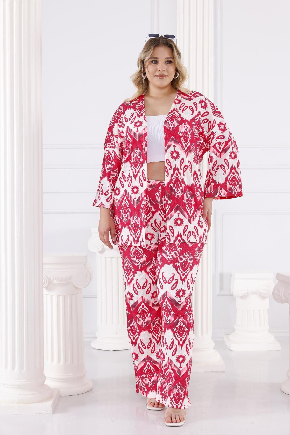 Büyük Beden Şal Desen Kimono Takım