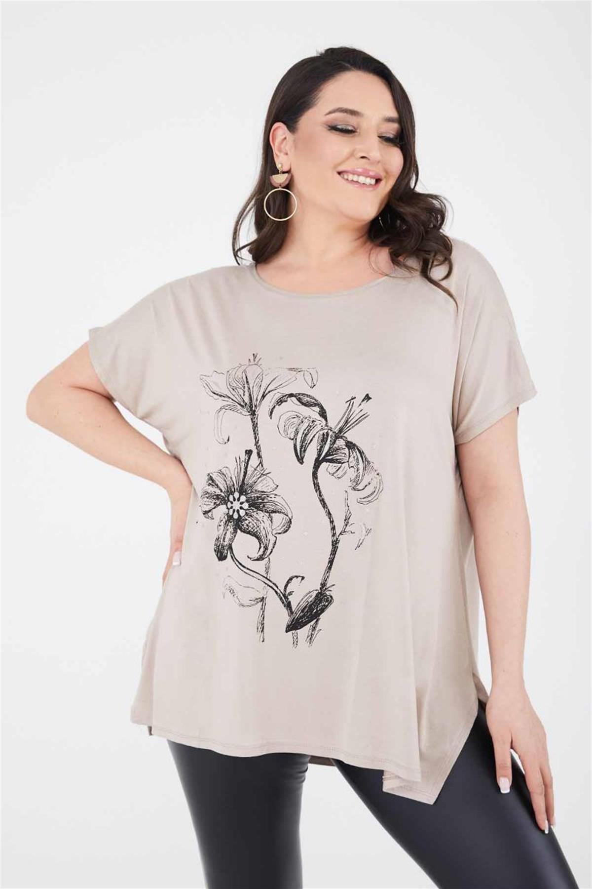 Tshirt Büyük Beden Salaş Baskılı Penye T-Shirt Bej