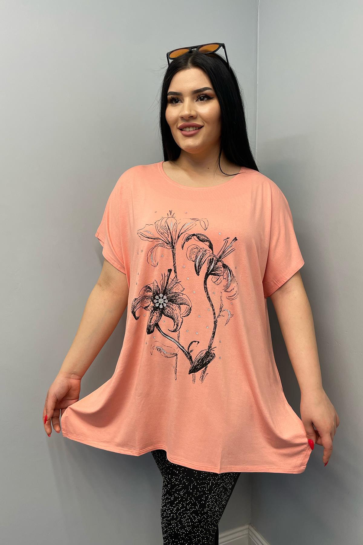 Tshirt Büyük Beden Salaş Baskılı Penye T-Shirt Yavruağzı