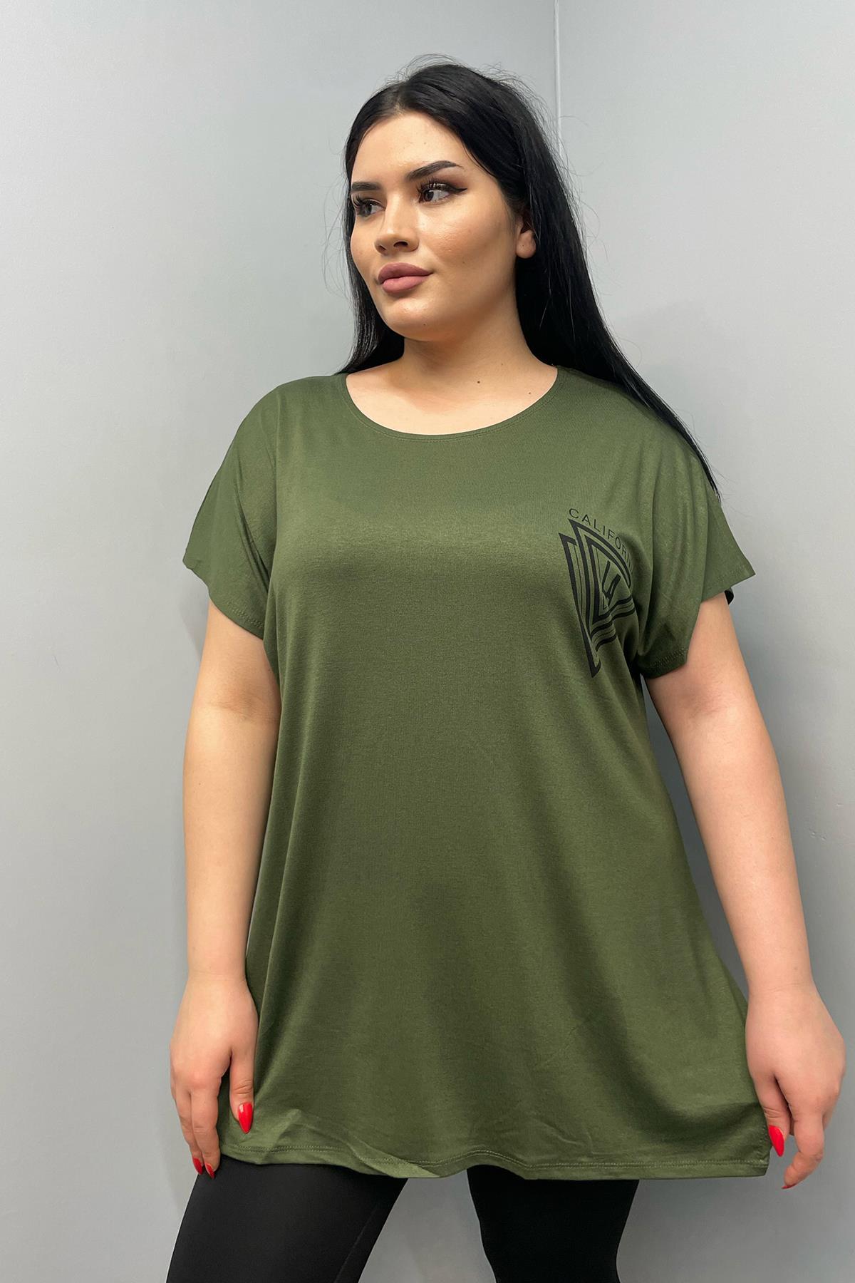 Tshirt Büyük Beden Salaş Baskılı T-Shirt Haki