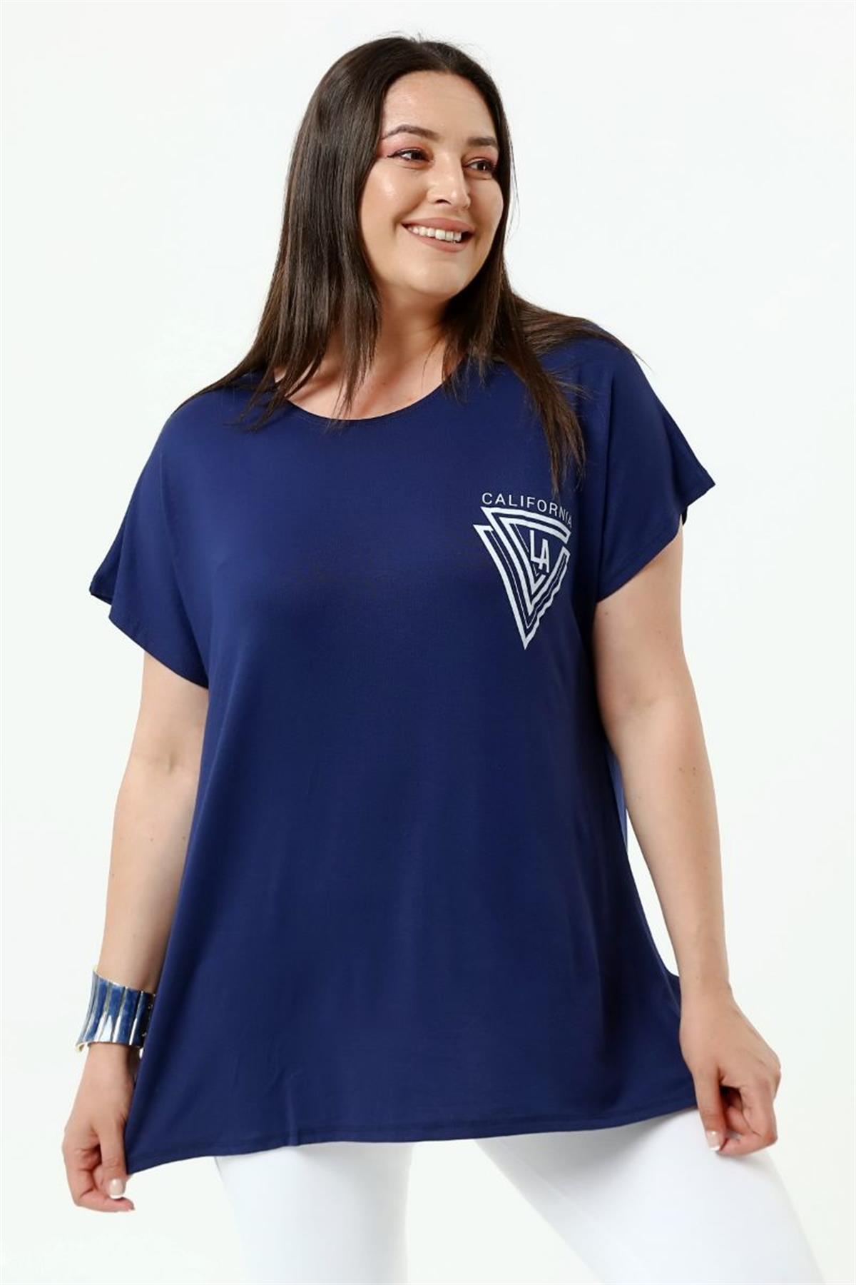 Tshirt Büyük Beden Salaş Baskılı T-Shirt Lacivert